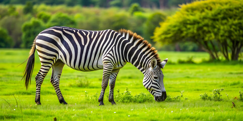 A zebra peacefully grazing in a lush green field, zebra, grazing, peaceful, field, black and white, wildlife, nature, striped