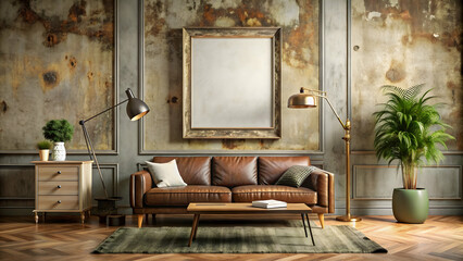 Poster mockup in vintage interior with grunge furniture, view , poster, mockup, wall, interior, vintage, grunge, furniture