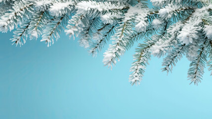 Obraz premium Snowy Christmas tree branches or snowy Christmas fir tree on a light cyan background
