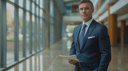 Confident businessman in modern office holding notepad with financial tips, exuding success and prosperity in professional environment.