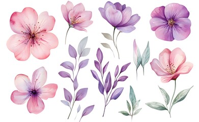 Watercolor wild flower clipart, pink and purple flowers on a white background, in different angles and poses. 