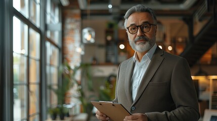 Confident businessman in modern office holding notepad with financial tips, exuding success and prosperity in professional environment.