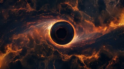 Massive black hole at the center of a swirling galaxy, stars and cosmic debris being pulled into its gravitational abyss, symbolizing destruction and the end of worlds.
