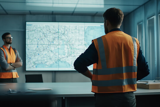 Logistics Team Planning Delivery Routes in Modern Briefing Room
