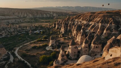 Naklejka premium Enchanting Morning in Cappadocia with Hot Air Balloons Enhancing the Dramatic Landscape