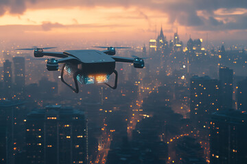 Naklejka premium Futuristic Drone Logistics Over Urban Landscape at Dusk 