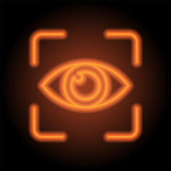 Eye scan simple icon vector. Flat design. Orange neon on black background