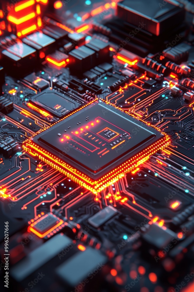 Poster high-tech 3d rendering of computer chip circuitry