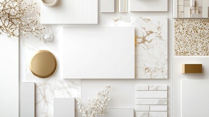 Light flat lay composition in white and gold color palette with textile and paint samples, lamella panels and tiles. Architect and interior designer moodboard. Top view. Copy space. Template