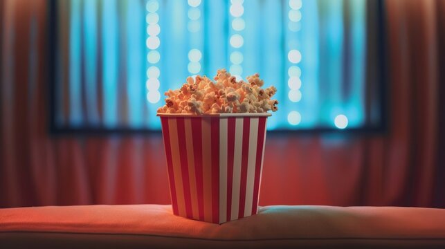 Close-up of a bowl of popcorn with a screen in the background. Cozy evening watching a movie or TV series.