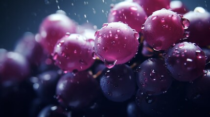 Purple grapes close-up in water droplets. Grape berries in selective focus. Neural network ai generated art