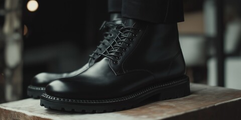 A pair of black leather boots showcasing intricate craftsmanship and durable design, standing on a wooden platform.