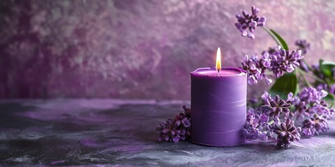 A calming scene features a lit purple candle complemented by lilac flowers, set against a beautifully textured purple background.