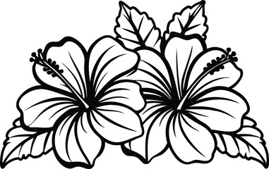 Black silhouettes of tropical hibiscus flowers isolated on a white background.