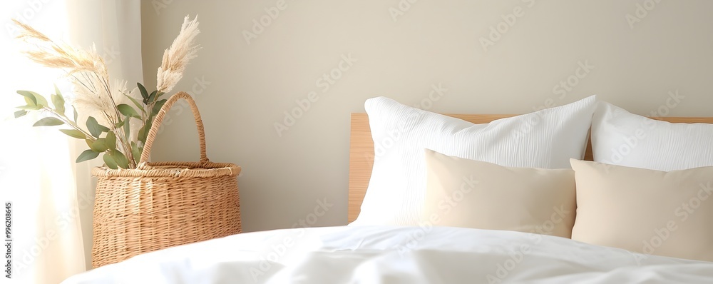 Poster Calm Japandi Bedroom with Built-in Storage - Cozy and Inviting Space Optimization Featuring Natural Materials and Simple Design for Tranquil Living Spaces