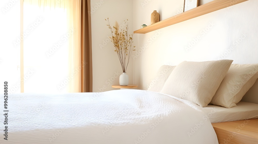 Poster japandi style bedroom with natural materials - cozy space-efficient design featuring built-in storag