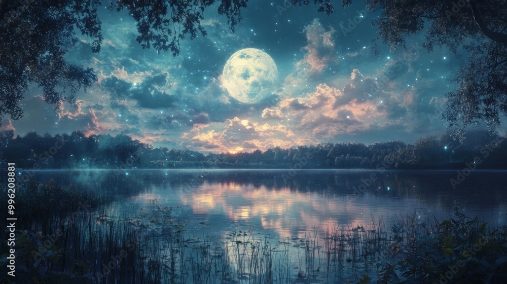 Sticker Full Moon over a Still Lake with a Starry Sky and Forest Silhouettes