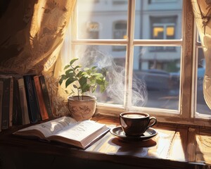 Cozy Cafe Scene with Coffee and Sunshine