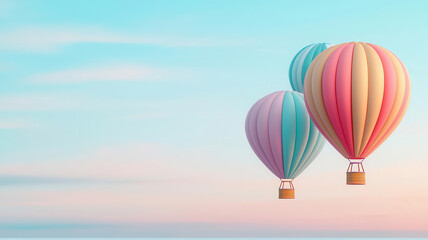 Obraz premium Colorful hot air balloons float peacefully in a pastel sky, creating a serene and whimsical atmosphere.