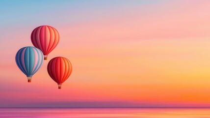 Fototapeta premium Three colorful hot air balloons float against a serene sunset, creating a picturesque scene of tranquility and wonder.
