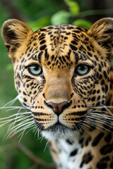 Obraz premium Detailed close-up of a leopard's face showcasing its beauty and striking green eyes.