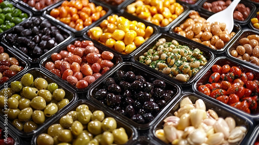 Poster an array of fresh olives in different shades and sizes is neatly arranged in containers at a market.