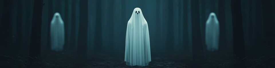 Halloween banner, ghostly apparitions floating through a dark forest, 3D illustration