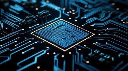 Abstract circuit board design with simple glowing lines, minimalistic style, dark surface with soft highlights