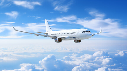 Obraz premium A side view of A white passenger airplane is flying high in the bright sky.