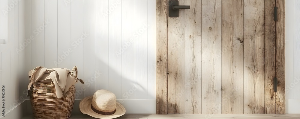 Poster charming space-optimized farmhouse entryway - rustic warm wood tones with organized functional desig