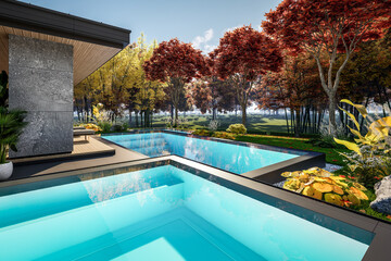 3d rendering of modern two story house with gray and wood accents, large windows, parking space in the right side of the building, surrounded by trees and bushes, daylight in autumn day