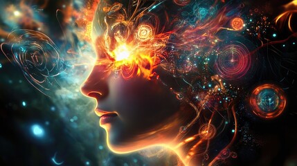 A hyper-realistic image of a person with glowing eyes, surrounded by swirling symbols and abstract patterns representing their profound visions.