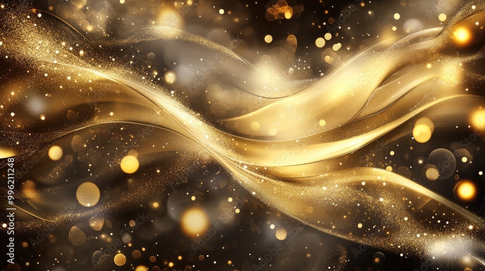 Poster a luxurious background with swirling golden light effects and soft, out-of-focus bokeh orbs creating