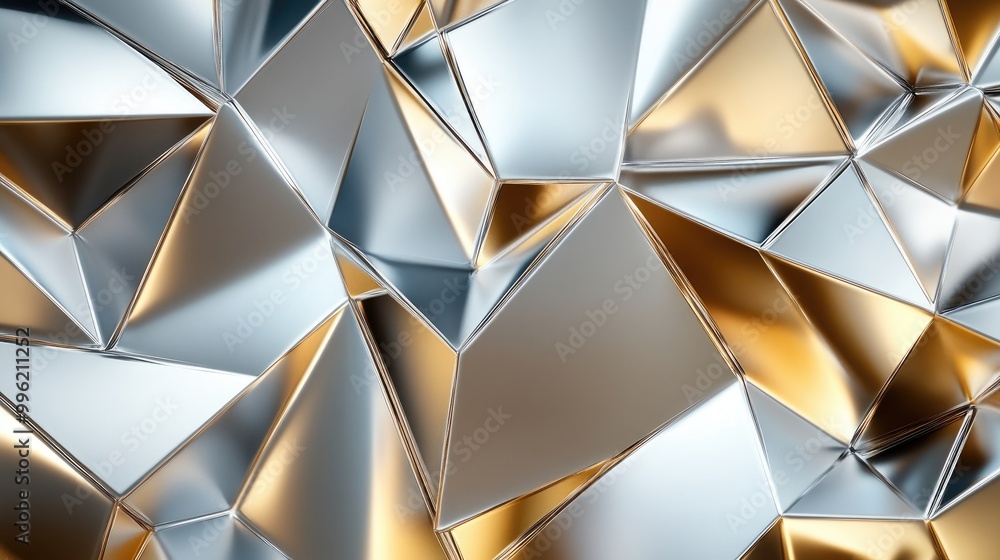 Poster a metallic-themed geometric background with sharp, silver and gold triangles intersecting for a high
