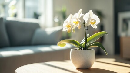 A single orchid plant in a minimalist ceramic pot, placed on a wooden table in a modern, bright living room.
