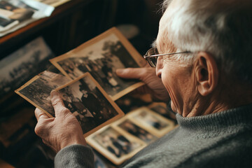 An older man is looking at old photographs