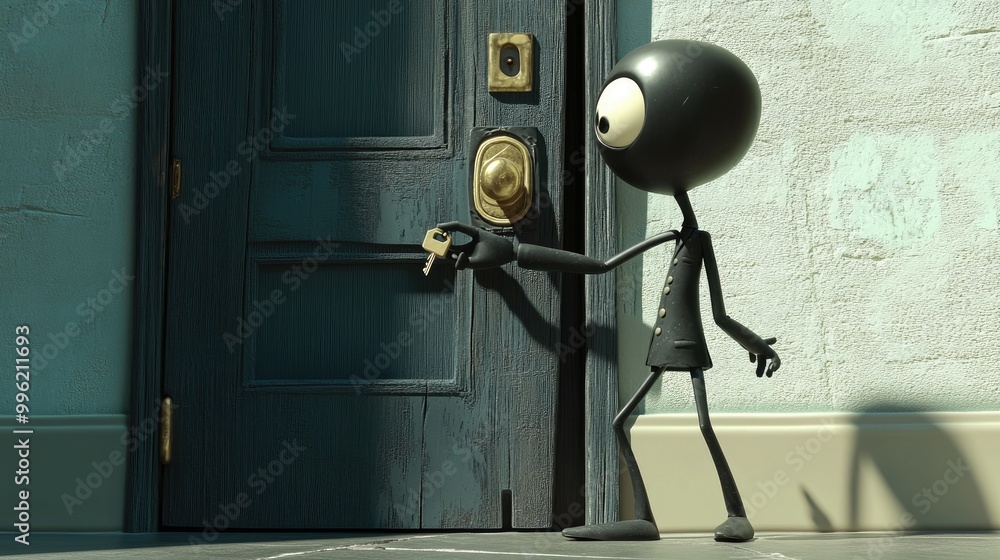 Poster a 3d character trying to unlock a door by using a car key, symbolizing misapplied knowledge and abse