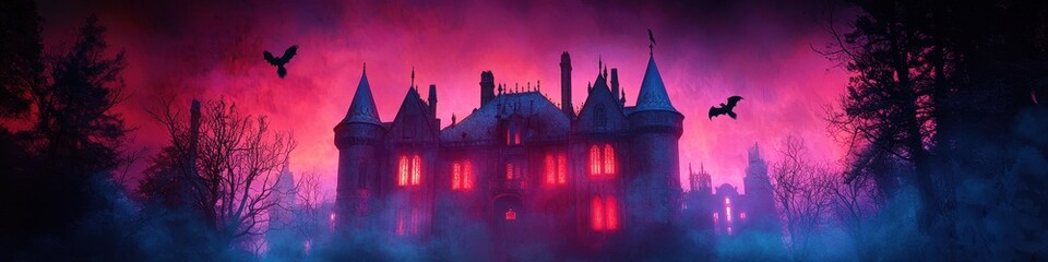 Dark, spooky castle with glowing windows and ravens perched on the ledges, [Halloween banner], [haunted mansion and gothic atmosphere].