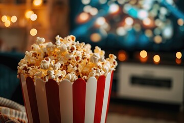 Close-up of a bowl of popcorn with a screen in the background. Cozy evening watching a movie or TV series.