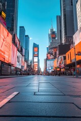 Obraz premium A vibrant urban scene showcasing a bustling street with bright advertisements and skyscrapers.