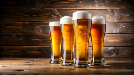 Four glasses of beer on a wooden table, beer, drink, alcohol, refreshment, bar, pub, ale, foam, cold, glassware