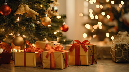 Christmas gifts at the foot of a Christmas tree or a Christmas fir tree