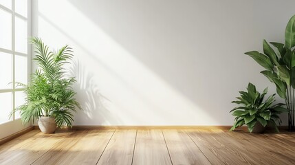 Bright and airy interior featuring wooden floor and lush green plants, perfect for creating a serene atmosphere.