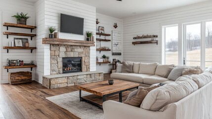 Spacious farmhouse living area with a large sectional