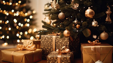 Christmas gifts at the foot of a Christmas tree or a Christmas fir tree
