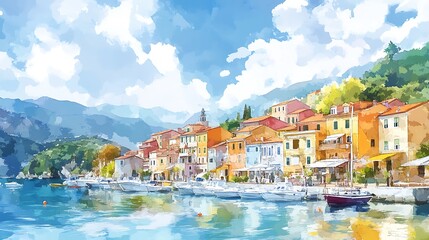 Watercolor Illustration of a Picturesque Coastal Town with Boats Docked at the Harbor.