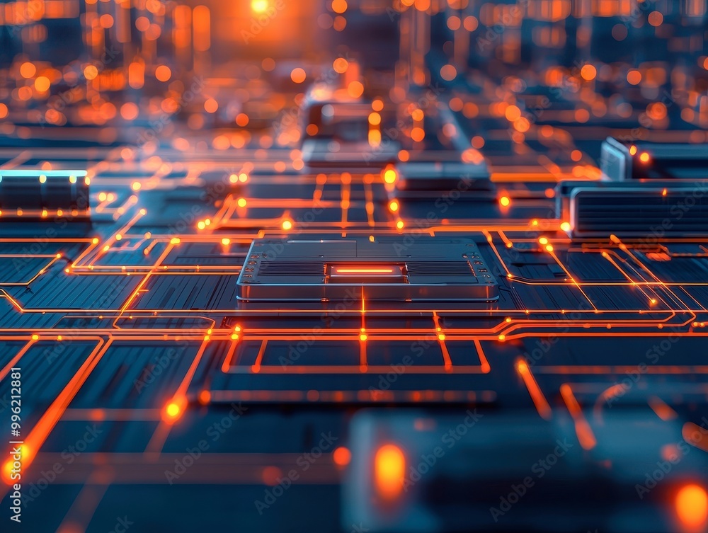 Poster a futuristic close-up of a circuit board with glowing lines and components, showcasing a vibrant ele