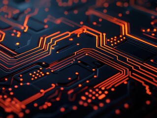 Fototapeta premium Minimalist circuit traces arranged in a clean pattern, glowing softly on a dark background, futuristic and sleek