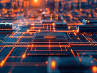 A futuristic close-up of a circuit board with glowing lines and components, showcasing a vibrant electronic environment.