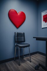 A cozy room featuring a heart-shaped decor and a simple chair, suggesting a comforting space.